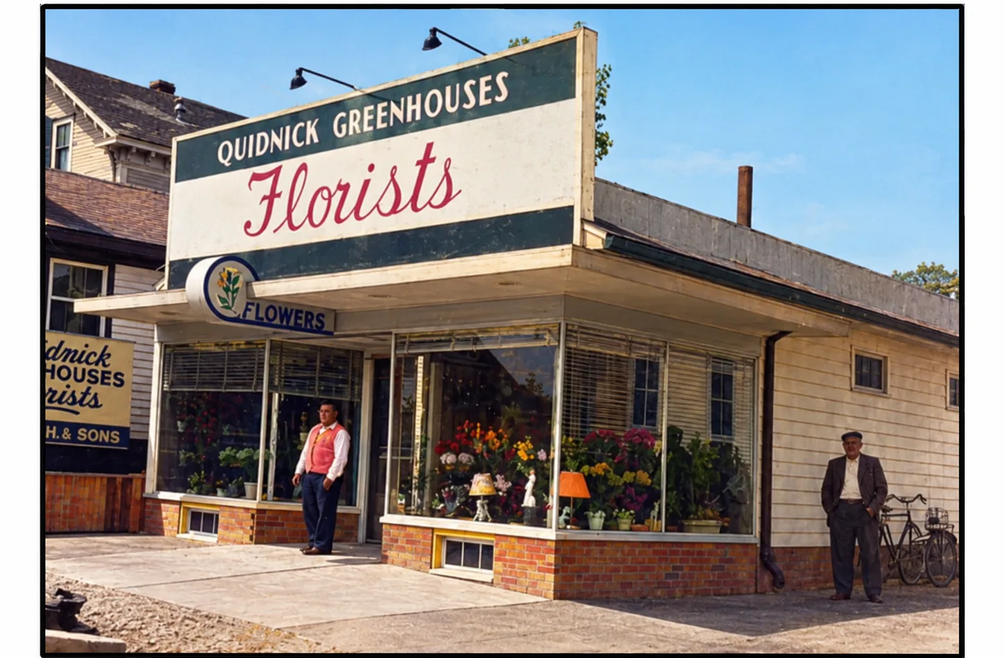 1949 colorized photograph of the Quidnick Greenhouses florist shop owned by Rose Iannotti at 417 Washington St., Village of Quidnick, Coventry, RI